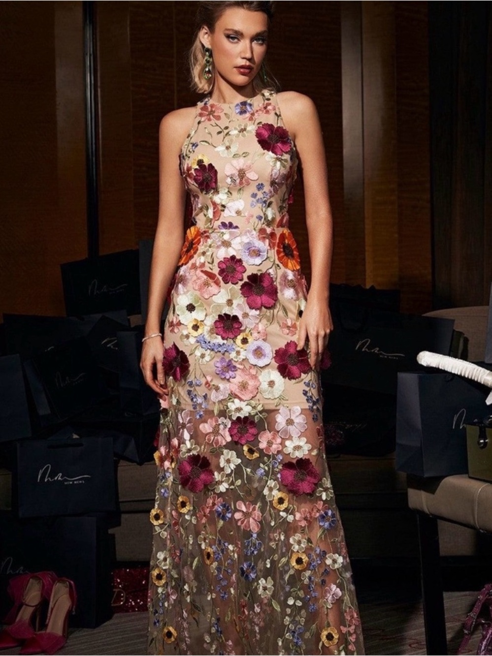 Mew Mews Saige Sleeveless Mesh Flower Maxi Dress In Blush